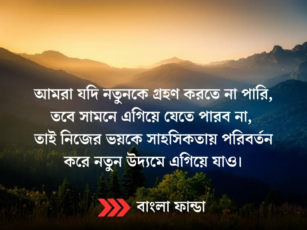 আমরা যদি নতুনকে গ্রহণ করতে না পারি, তবে সামনে এগিয়ে যেতে পারব না, 
তাই নিজের ভয়কে সাহসিকতায় পরিবর্তন করে নতুন উদ্যমে এগিয়ে যাও।
